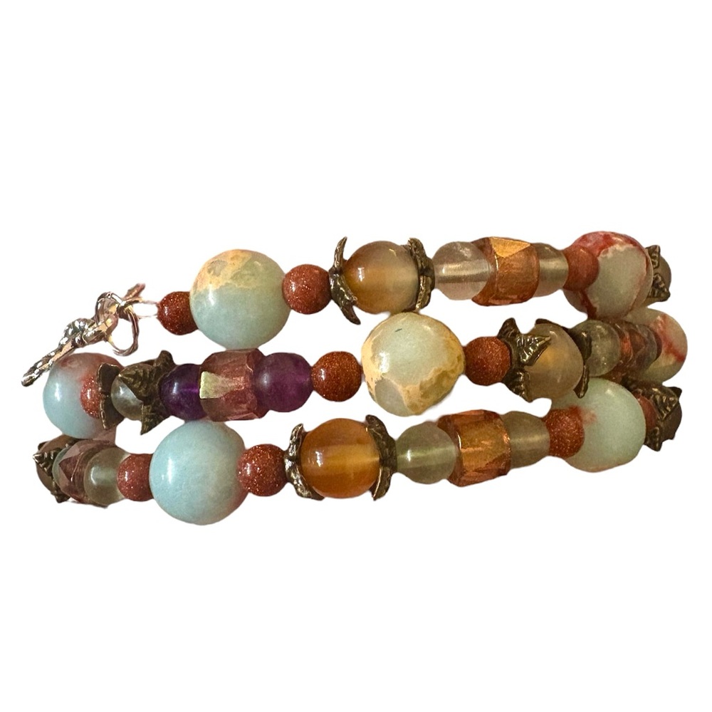 Imperial Jasper, Czech Glass, Goldstone and Peacock Agate Wrap Bracelet - Picture 4 of 5